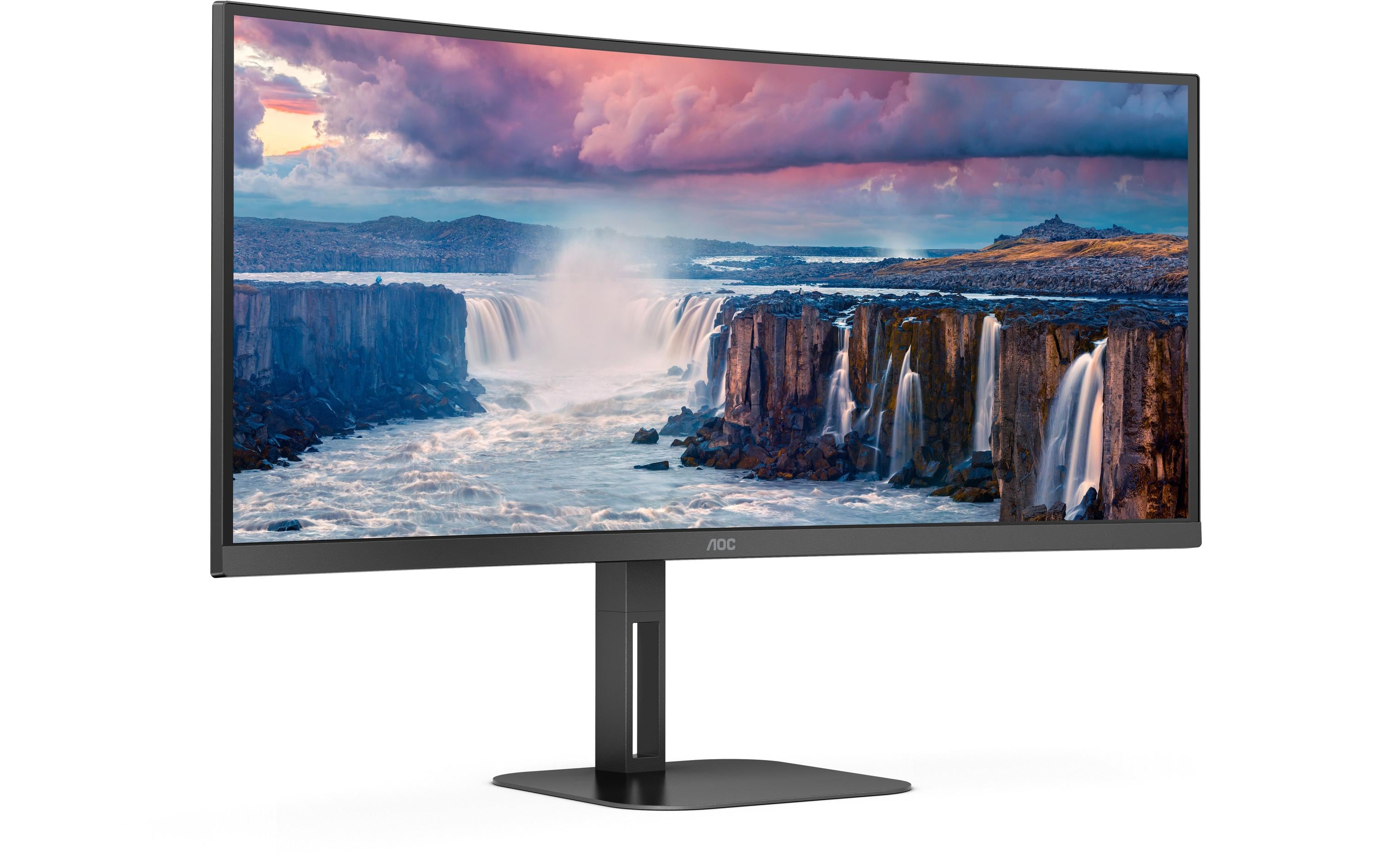 AOC Value-line CU34V5C/BK - V5 series - LED-Monitor - gebogen - 86.4 cm (34") - 3440 x 1440 WQHD @ 100 Hz - VA - 300 cd/m² - 3000:1 - 4 ms - HDMI, DisplayPort, USB-C - Lautsprecher - mattschwarz