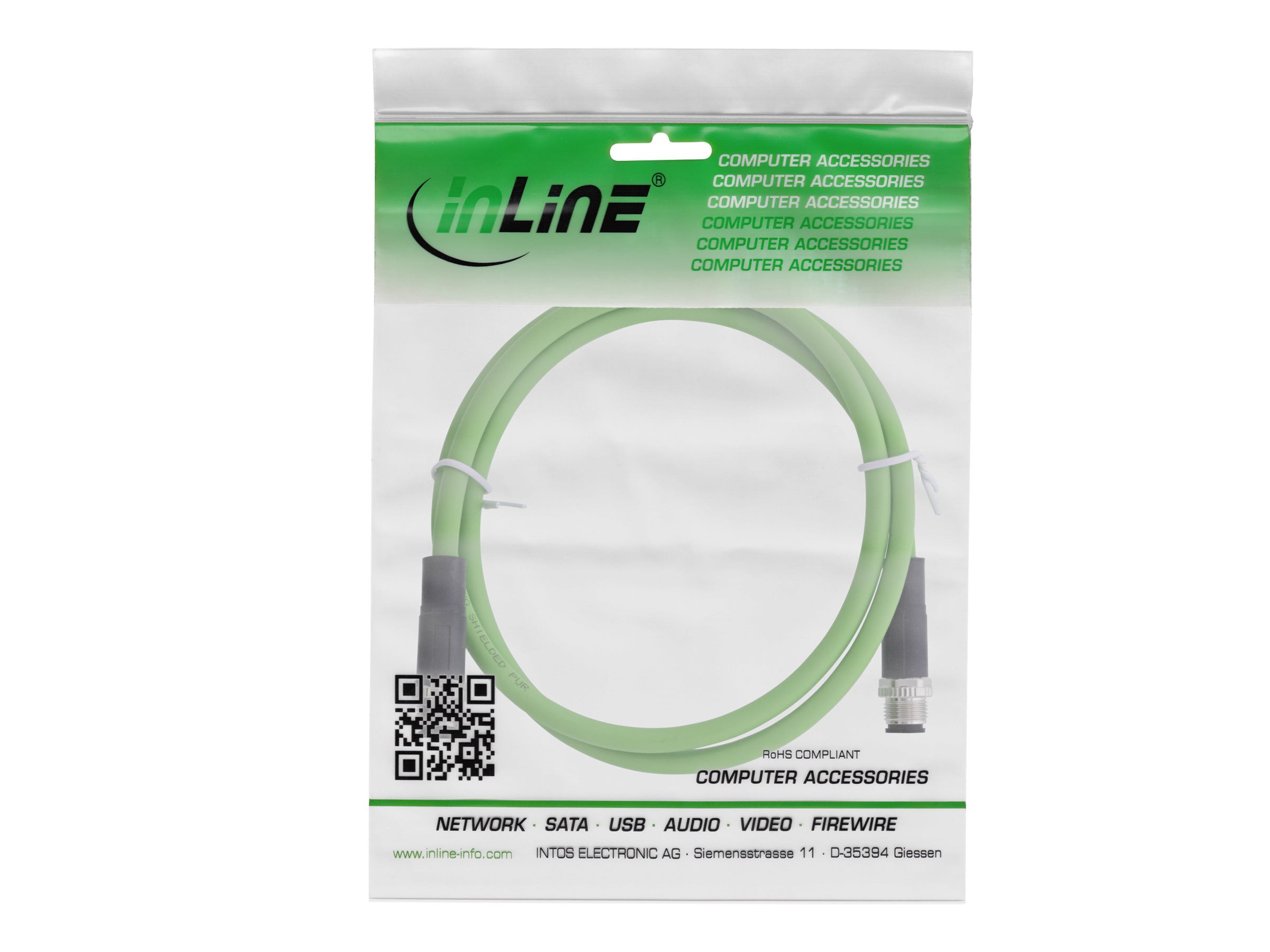 InLine - Netzwerkkabel - 4-polig M12-D (M) zu 4-polig M12-D (M) - 2 m - 6.5 mm - SF/UTP - CAT 5e - halogenfrei, D-kodiert - grün