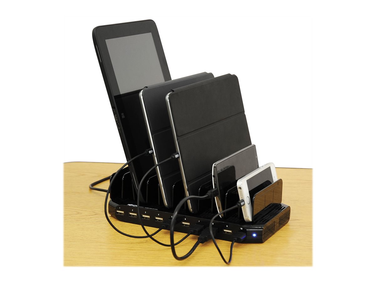 Tripp U280-010-ST-CEE 10-Port-USB-Ladestation mit einstellbarem Speicher - 12 V 8 A (96 W) USB-Ladegerät-Ausgang - Schuko-Netzkabel - Jede Marke - USB - Schwarz - Digital/Daten - 4-polig