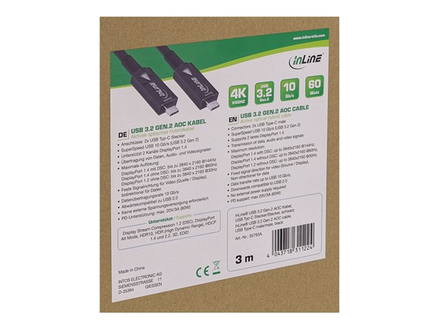 InLine - USB-Kabel - 24 pin USB-C (M) zu 24 pin USB-C (M) - USB 3.2 Gen 2 - 20 V - 3 A - 7.5 m - Active Optical Cable (AOC), USB Power Delivery (60W), unterstützt 4K 144 Hz (3840 x 2160) - Schwarz