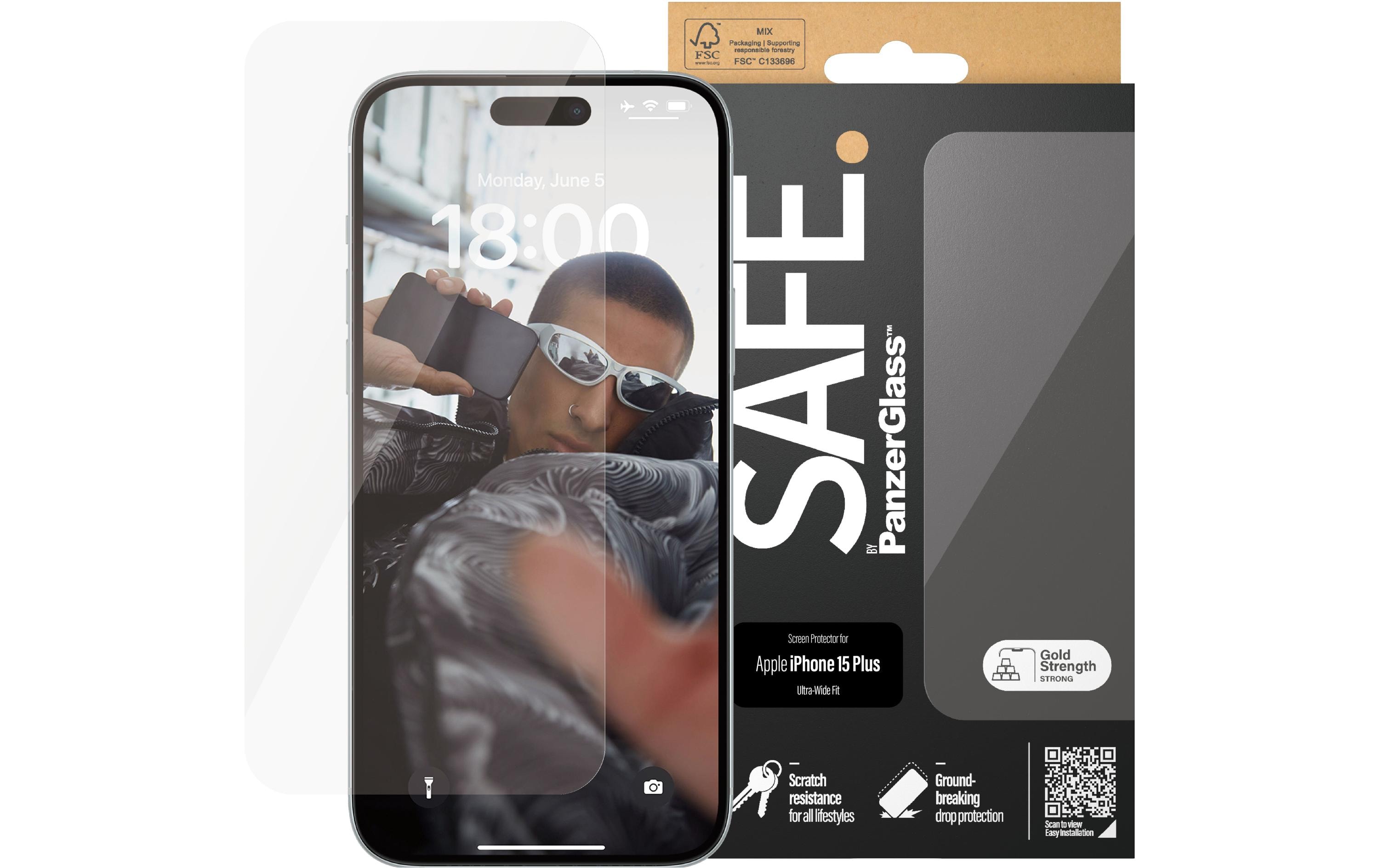 SAFE. by PanzerGlass - Bildschirmschutz für Handy - ultrabreite Passform - Glas - für Apple iPhone 15 Plus