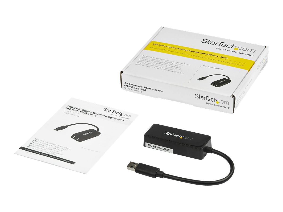 StarTech.com USB 3.0 SuperSpeed auf Gigabit Ethernet Lan Adapter mit USB Port - 10/100/1000 RJ45 NIC Netzwerkadapter - St/Bu - Schwarz - Netzwerkadapter - USB 3.0 - Gigabit Ethernet