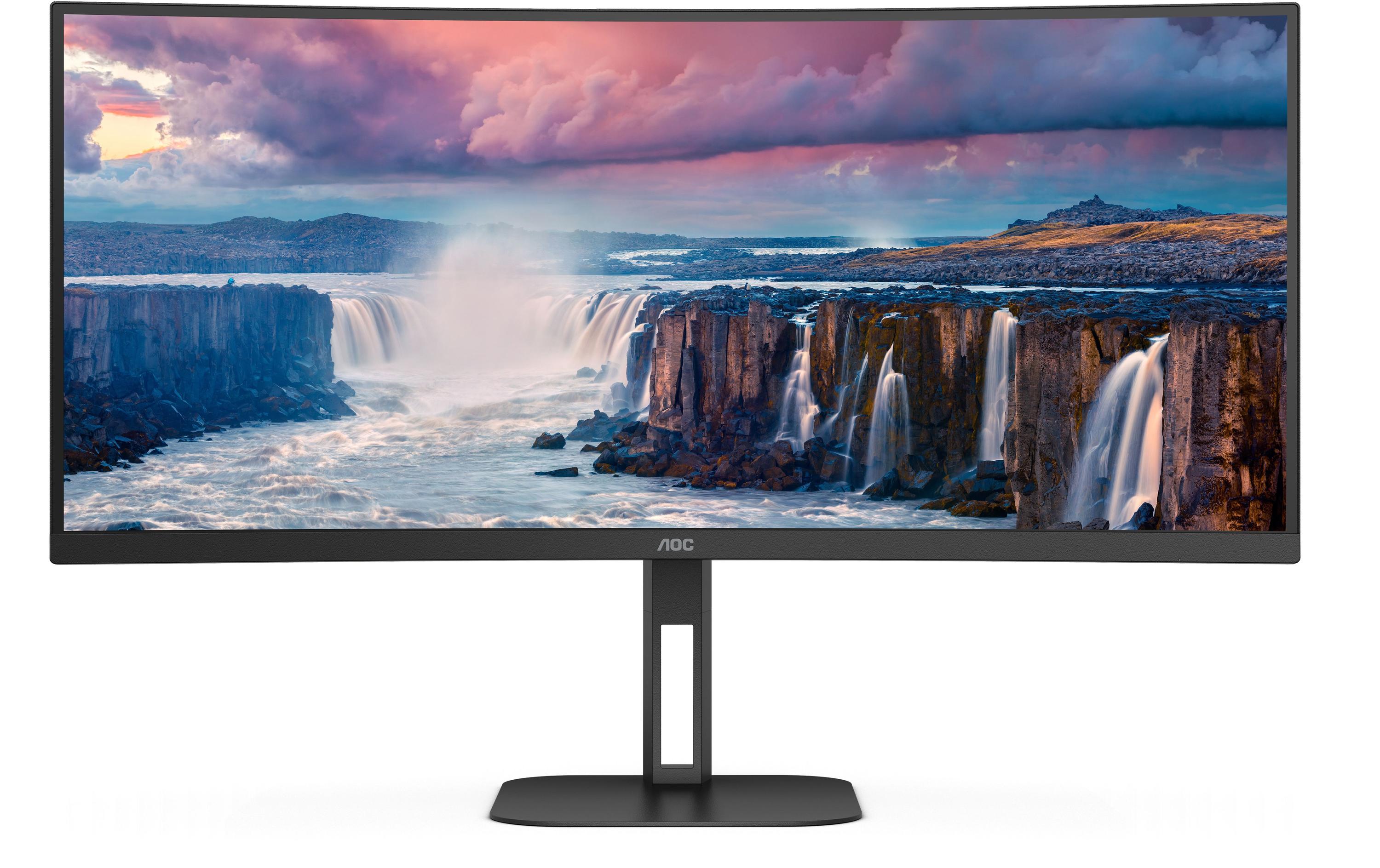 AOC Value-line CU34V5C/BK - V5 series - LED-Monitor - gebogen - 86.4 cm (34") - 3440 x 1440 WQHD @ 100 Hz - VA - 300 cd/m² - 3000:1 - 4 ms - HDMI, DisplayPort, USB-C - Lautsprecher - mattschwarz