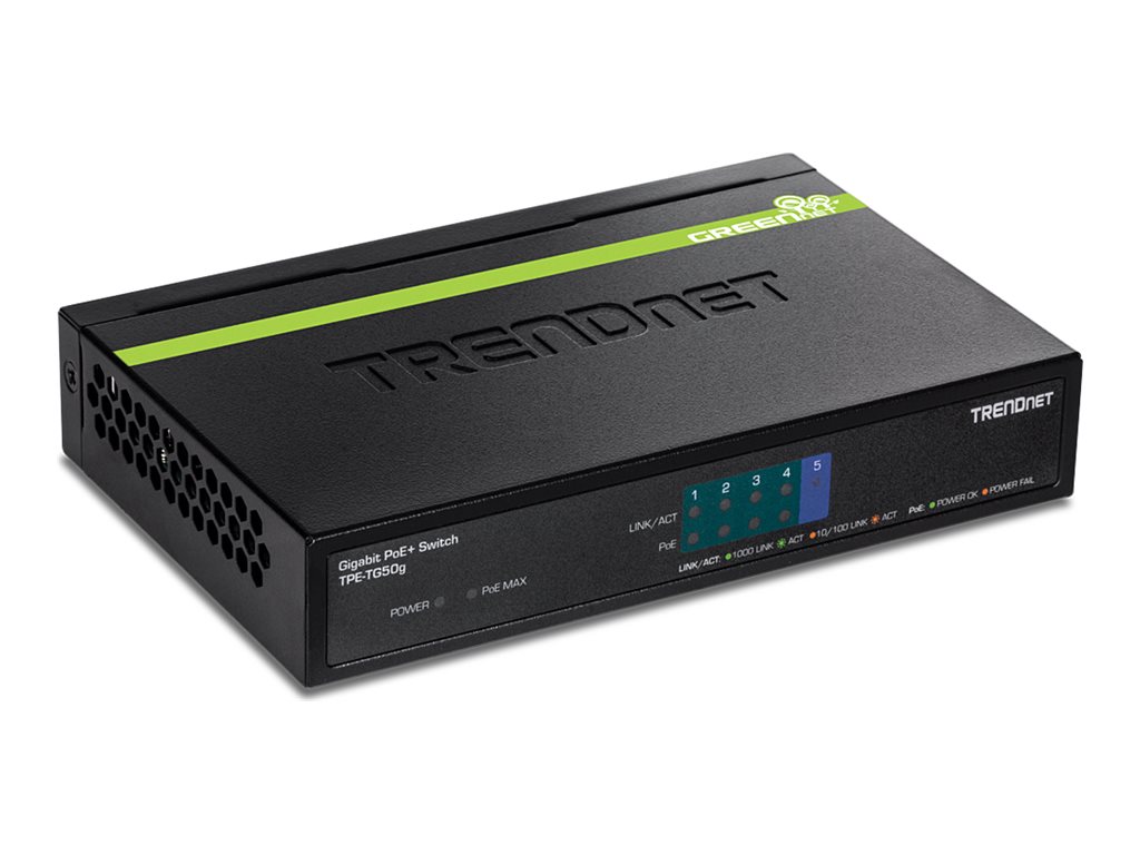 TRENDnet TPE TG50g - Switch - 4 x 10/100/1000 (PoE+) + 1 x 10/100/1000 - Desktop - PoE+ (31 W) - TAA-konform