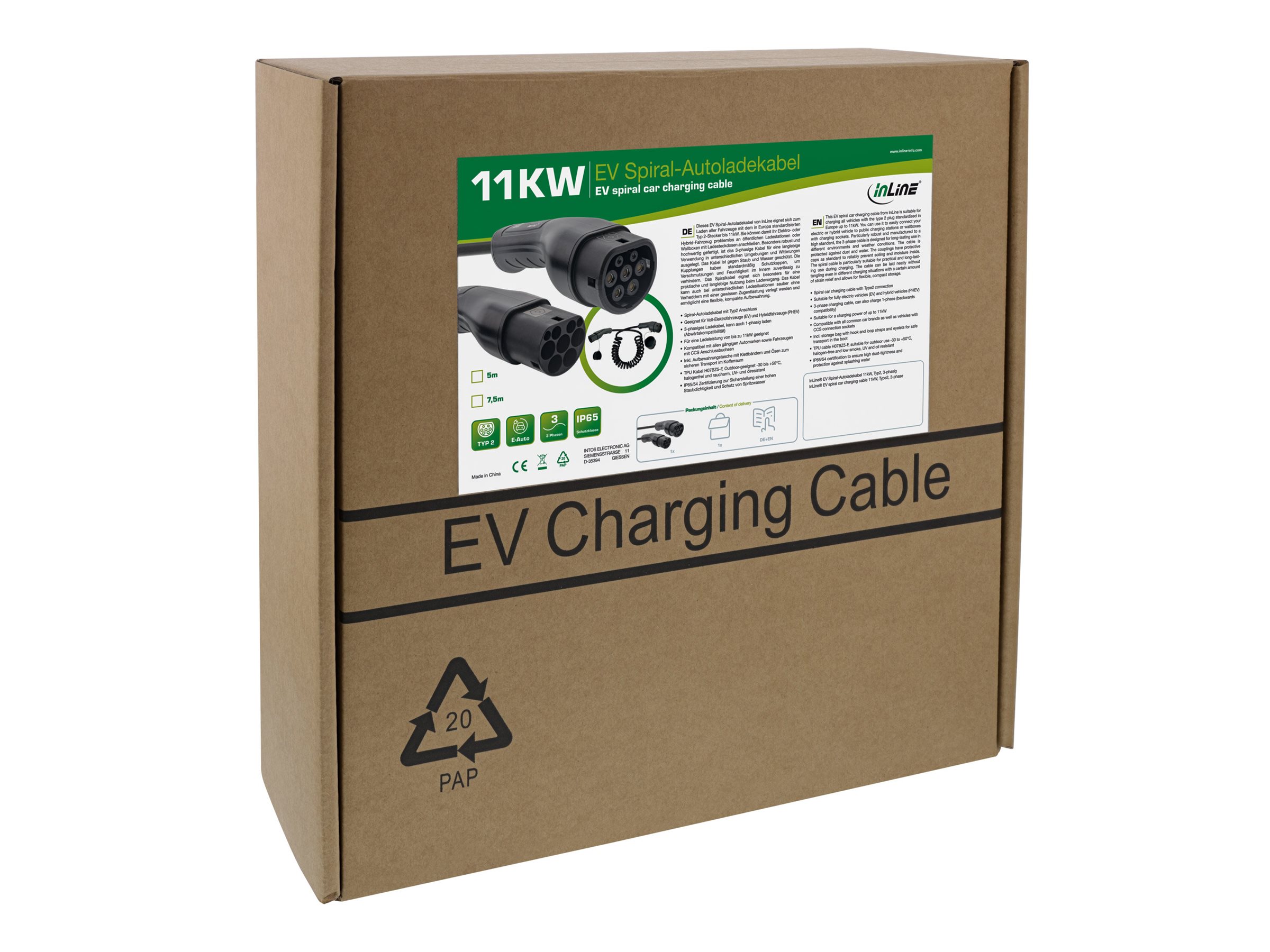 InLine EV Spiral-Autoladekabel 11kW Typ2 - 3-phasig - 7,5m - 7,5 m - halogenfrei - IEC