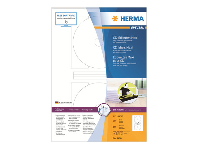 HERMA Special Maxi - undurchsichtige CD-/DVD-Etiketten - matt - 200 Etikett(en) - 116 mm rund