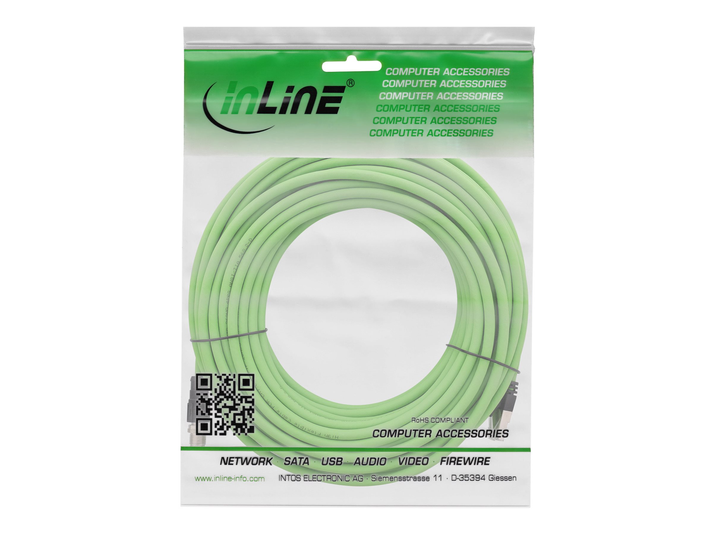 InLine - Netzwerkkabel - 8 pin M12-X (M) zu RJ-45 (M) - 10 m - 6.8 mm - SF/UTP - CAT 6a - IEEE 802.3bt - halogenfrei, ohne Haken, X-kodiert - grün