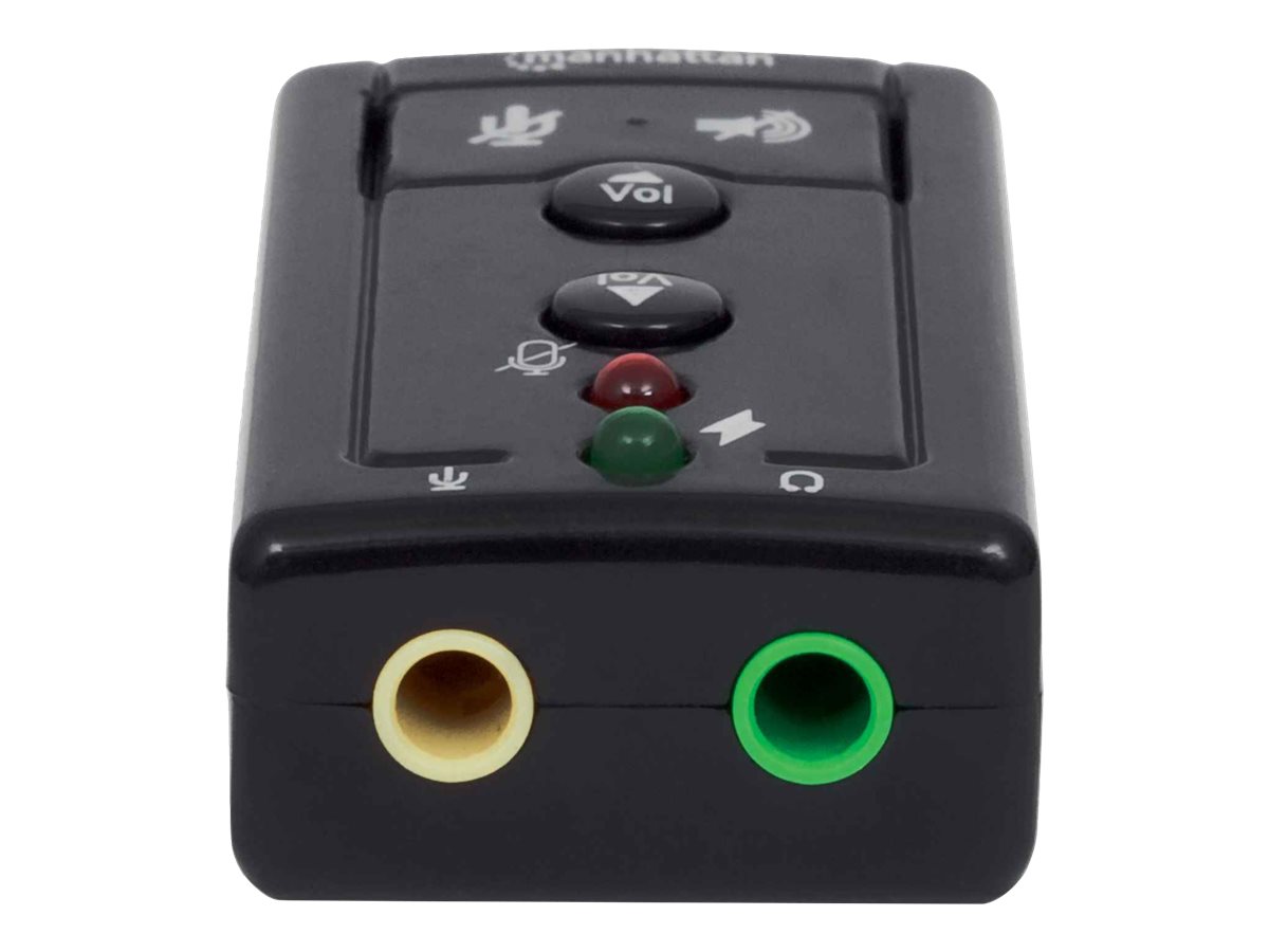 Manhattan USB-A Sound Adapter
USB-A to 3.5mm Mic-in and Audio-Out ports
480 Mbps (USB 2.0)
7.1-Channel Virtual 3D Surround Sound
Internal Amplifier and Volume Controls
Hi-Speed USB
Three Year Warranty
Box - Soundkarte