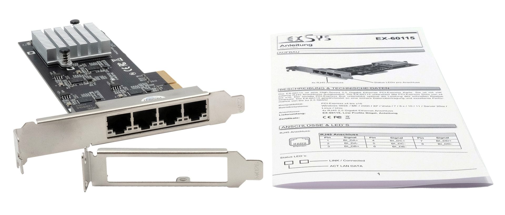 Exsys PCI-E Karte 2.5Gigabit 4-Port inkl.LowProfile Intel I225-V Chipset - Netzwerkkarte - PCI - Ethernet