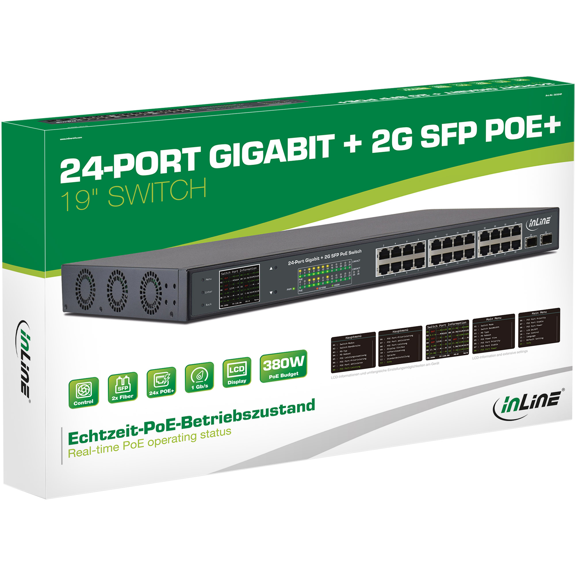 InLine 32324P - Switch - unmanaged - 24 x 10/100/1000 (PoE+) + 2 x Gigabit SFP (Uplink) - an Rack montierbar - PoE+ (380 W)