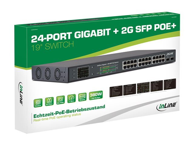InLine 32324P - Switch - unmanaged - 24 x 10/100/1000 (PoE+) + 2 x Gigabit SFP (Uplink) - an Rack montierbar - PoE+ (380 W)