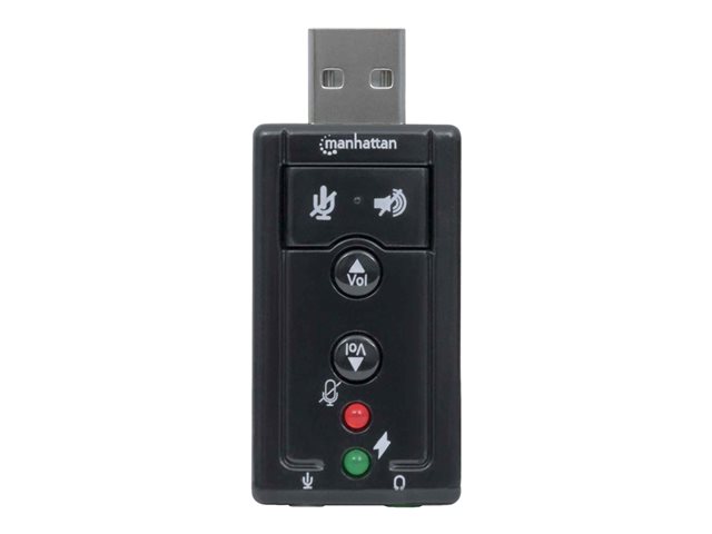 Manhattan USB-A Sound Adapter
USB-A to 3.5mm Mic-in and Audio-Out ports
480 Mbps (USB 2.0)
7.1-Channel Virtual 3D Surround Sound
Internal Amplifier and Volume Controls
Hi-Speed USB
Three Year Warranty
Box - Soundkarte
