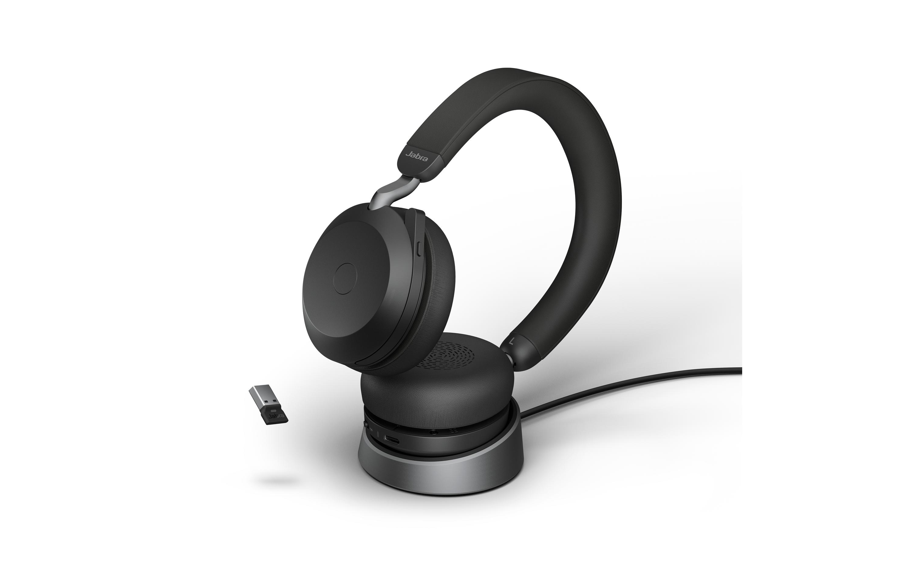 Jabra Evolve2 75 - Headset - On-Ear - Bluetooth - kabellos - aktive Rauschunterdrückung - USB-A - Geräuschisolierung - Schwarz - mit Ladestation - optimiert für UC