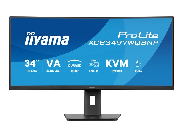 iiyama ProLite XCB3497WQSNP-B1 - LED-Monitor - gebogen - 86.4 cm (34") - 3440 x 1440 UWQHD @ 120 Hz - VA - 350 cd/m² - 3000:1 - 0.4 ms - HDMI, DisplayPort, USB-C - Lautsprecher - mattschwarz
