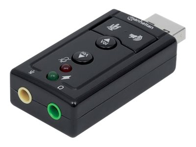 Manhattan USB-A Sound Adapter
USB-A to 3.5mm Mic-in and Audio-Out ports
480 Mbps (USB 2.0)
7.1-Channel Virtual 3D Surround Sound
Internal Amplifier and Volume Controls
Hi-Speed USB
Three Year Warranty
Box - Soundkarte