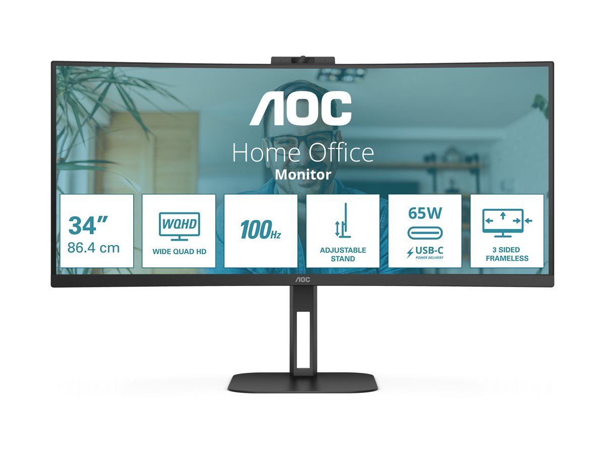 AOC Value-line CU34V5C/BK - V5 series - LED-Monitor - gebogen - 86.4 cm (34") - 3440 x 1440 WQHD @ 100 Hz - VA - 300 cd/m² - 3000:1 - 4 ms - HDMI, DisplayPort, USB-C - Lautsprecher - mattschwarz
