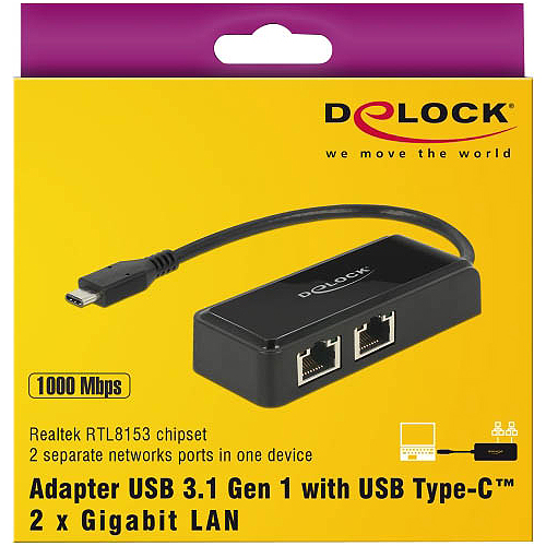 Delock Adapter USB-C 3.1 Gen 1 > 2 x Gigabit LAN 10/100/1000 Mb/s - Netzwerkadapter - USB 3.1 Gen 1 - Gigabit Ethernet x 2