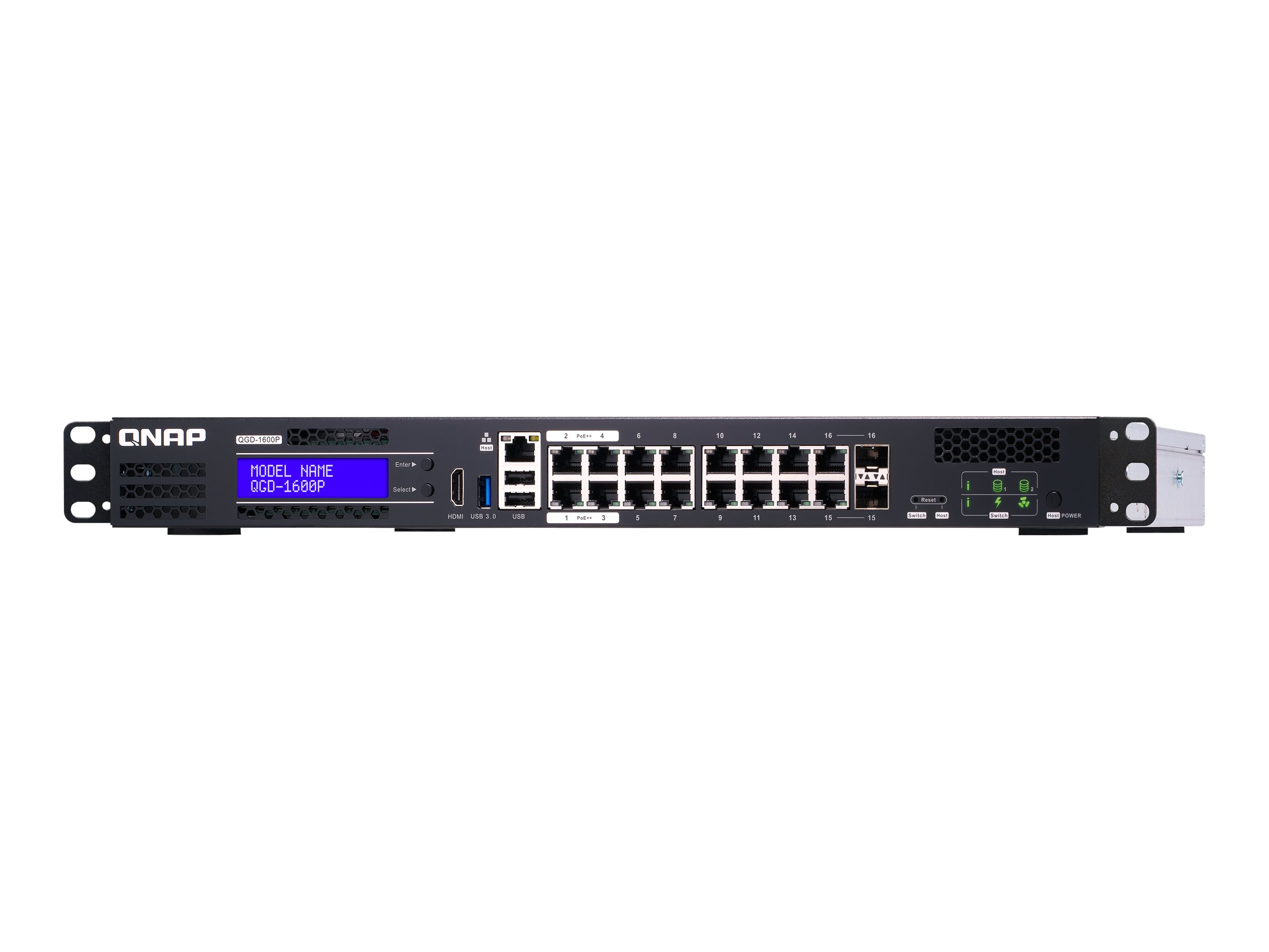 QNAP QGD-1600P - Switch - Smart - 4 x 10/100/1000 (PoE++) + 10 x 10/100/1000 (PoE+) + 2 x Kombinations-Gigabit-SFP (PoE+) - an Rack montierbar - PoE++ (370 W)