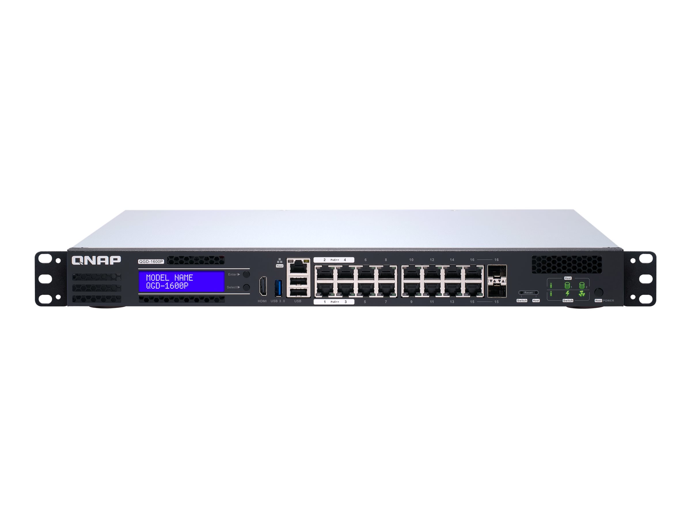 QNAP QGD-1600P - Switch - Smart - 4 x 10/100/1000 (PoE++) + 10 x 10/100/1000 (PoE+) + 2 x Kombinations-Gigabit-SFP (PoE+) - an Rack montierbar - PoE++ (370 W)