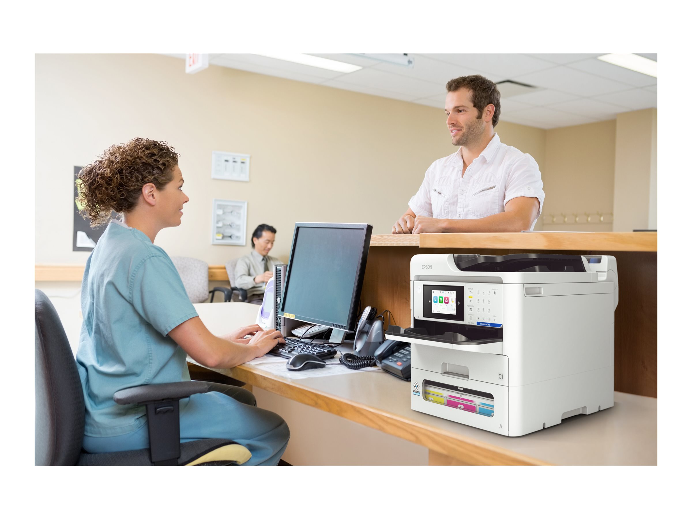 Epson WorkForce Pro EM-C800RDWF - Multifunktionsdrucker - Farbe - Tintenstrahl - A4 (210 x 297 mm) (Original) - A4/Legal (Medien) - bis zu 25 Seiten/Min. (Drucken) - 330 Blatt - 33.6 Kbps - USB 2.0, Gigabit LAN, Wi-Fi(ac)