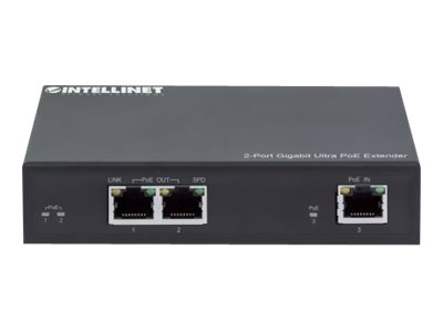 Intellinet 2-Port Gigabit Ultra PoE Extender
Adds up to 100 m (328 ft.) to PoE Range
PoE Power Budget 60 W
Two PSE Ports with 30 W Output Each
IEEE 802.3bt/at/af Compliant
Metal Housing - Netzwerk-/Stromextender - 10Mb LAN
100Mb LAN
1GbE