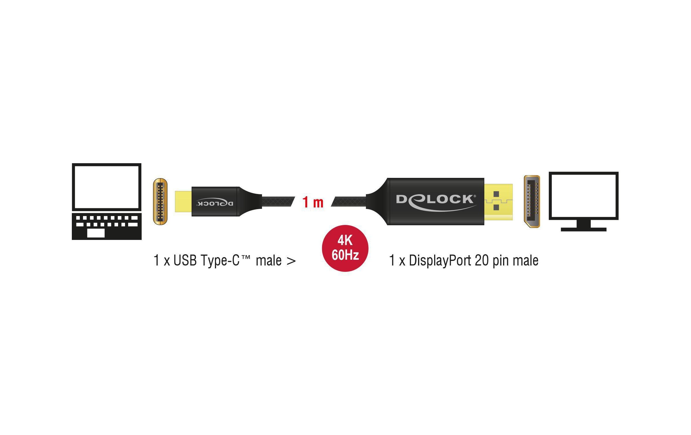 Delock - DisplayPort-Kabel - 24 pin USB-C (M) zu DisplayPort (M) - DisplayPort 1.2 - 1 m - 4K Unterstützung, USB-Strom - Schwarz