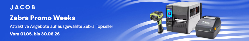 Entdecke ausgewählte Zebra Etikettendrucker und Barcode-Scanner zu attraktiven Konditionen – direkt im Shop bestellbar oder auf Anfrage mit persönlicher Beratung. Sichere dir noch bis zum 30. Juni 2026 die aktuellen Aktionspreise. Bei größeren Abnahmemengen sind zusätzliche Rabatte möglich – unsere Experten erstellen dir innerhalb von 24 Stunden ein individuelles Angebot. Nimm einfach Kontakt auf: kontakt@jacob.de