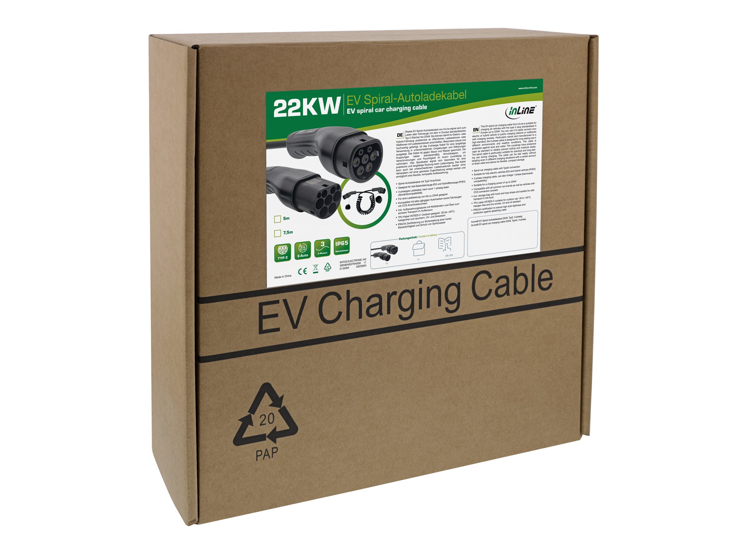 InLine EV Spiral-Autoladekabel 22kW Typ2 - 3-phasig - 7,5m - 7,5 m - halogenfrei - IEC