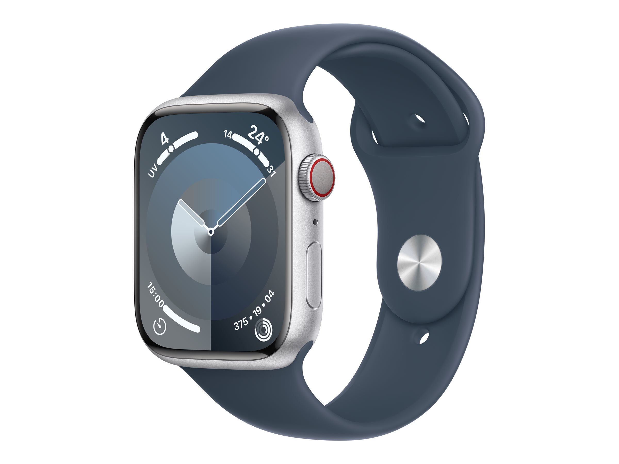 Apple Watch Series 9 (GPS + Cellular) - 45 mm - Aluminium, Silber - intelligente Uhr mit Sportband - Flouroelastomer - Storm Blue - Bandgröße: S/M - 64 GB - Wi-Fi, Bluetooth, UWB, LTE - 4G - 39 g