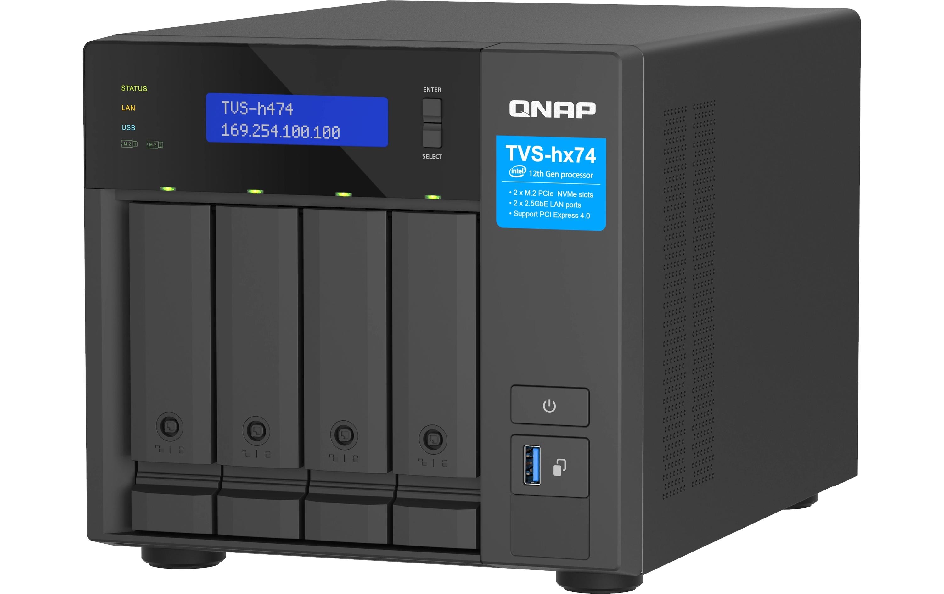 QNAP TVS-H474 - NAS-Server - 4 Schächte - SATA 6Gb/s - RAID JBOD, RAID 0, 1, 5, 6, 10, TM, RAID TP - RAM 8 GB - Gigabit Ethernet / 2.5 Gigabit Ethernet - iSCSI Support