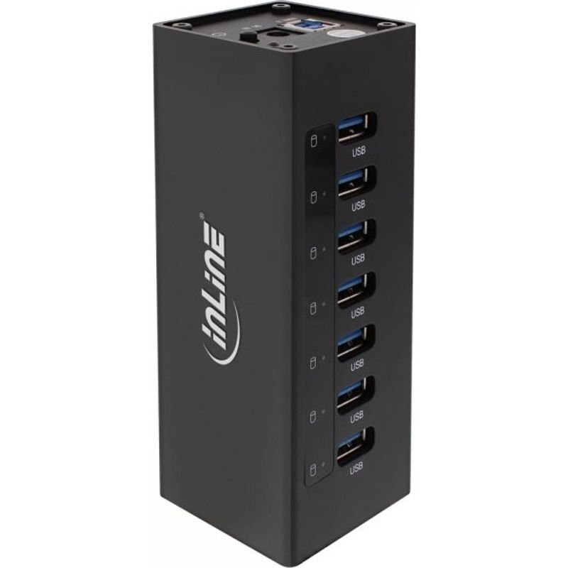 InLine® USB 3.2 Hub, 7 Port, Aluminiumgehäuse, schwarz, mit 2,5 A Netzteil