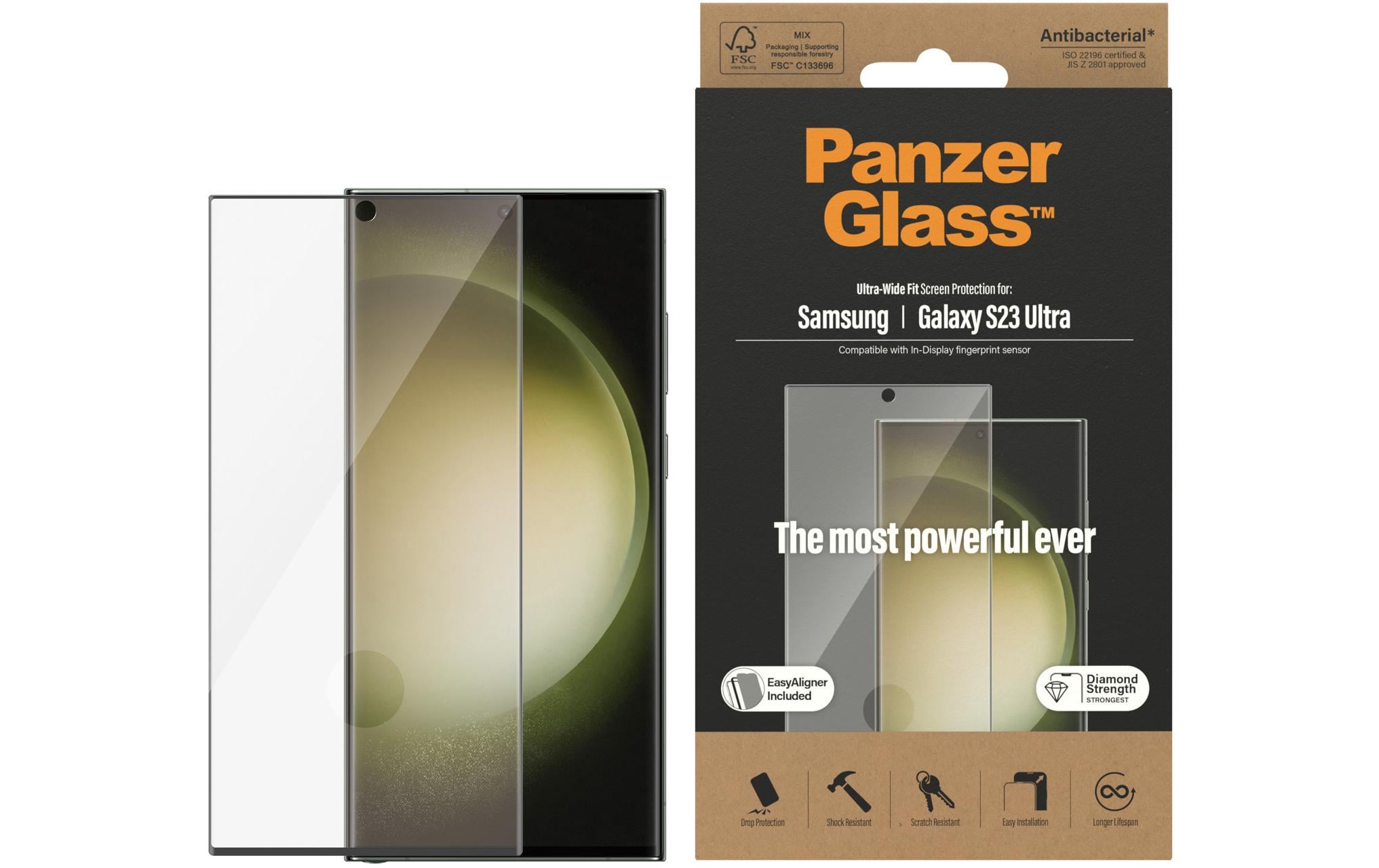 PanzerGlass - Bildschirmschutz für Handy - ultrabreite Passform - Glas - Rahmenfarbe schwarz - für Samsung Galaxy S23 Ultra