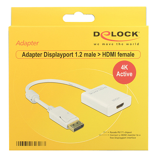 Delock Adapter Displayport 1.2 male > HDMI female 4K Active - Videokonverter - Parade PS171 - weiß