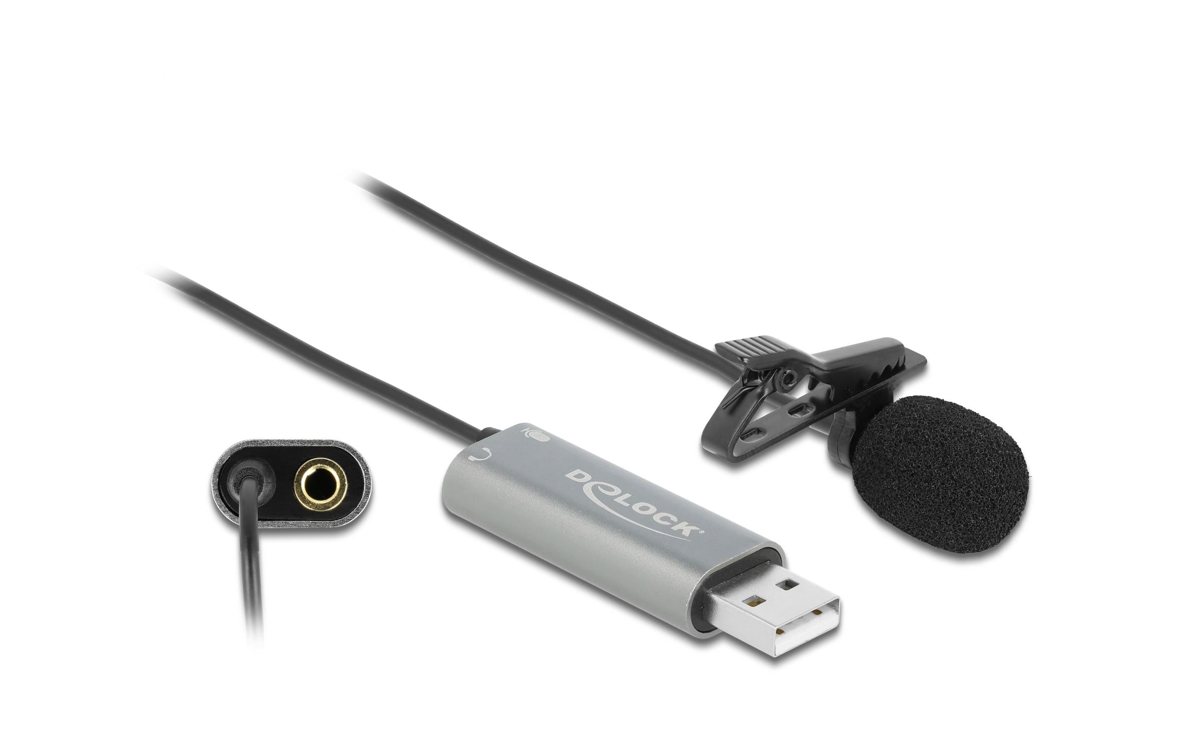 Delock USB Krawatten Lavalier Mikrofon Omnidirektional 24 bit / 192 kHz mit Clip und 3.5 mm Stereoklinken-Kopfhöreranschluss