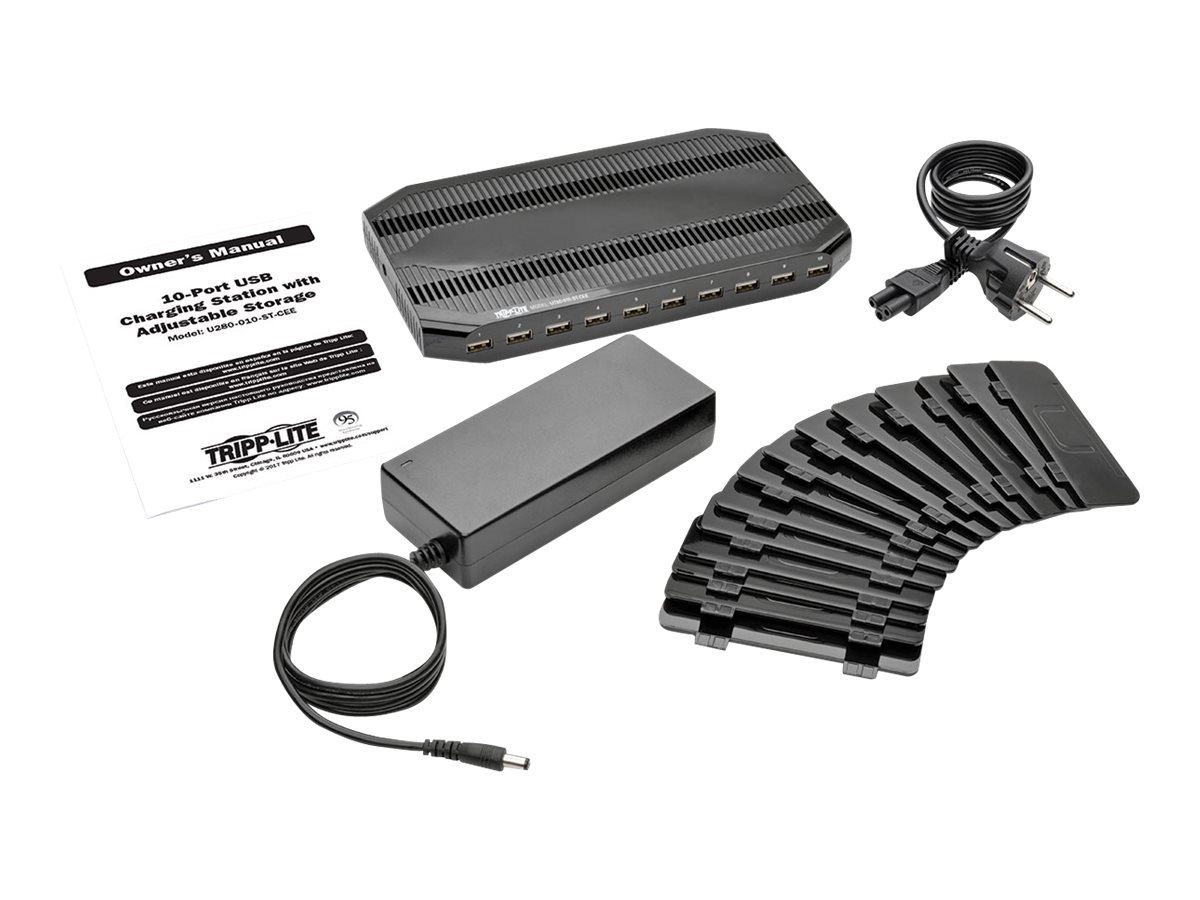 Tripp U280-010-ST-CEE 10-Port-USB-Ladestation mit einstellbarem Speicher - 12 V 8 A (96 W) USB-Ladegerät-Ausgang - Schuko-Netzkabel - Jede Marke - USB - Schwarz - Digital/Daten - 4-polig