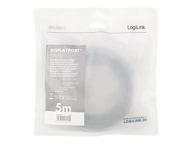LogiLink - DisplayPort-Kabel - DisplayPort (M) zu DisplayPort (M) - DisplayPort 1.2 - 5 m - Support von 4K 60 Hz, unterstützt 2K 165 Hz (2560 x 1440) - Schwarz