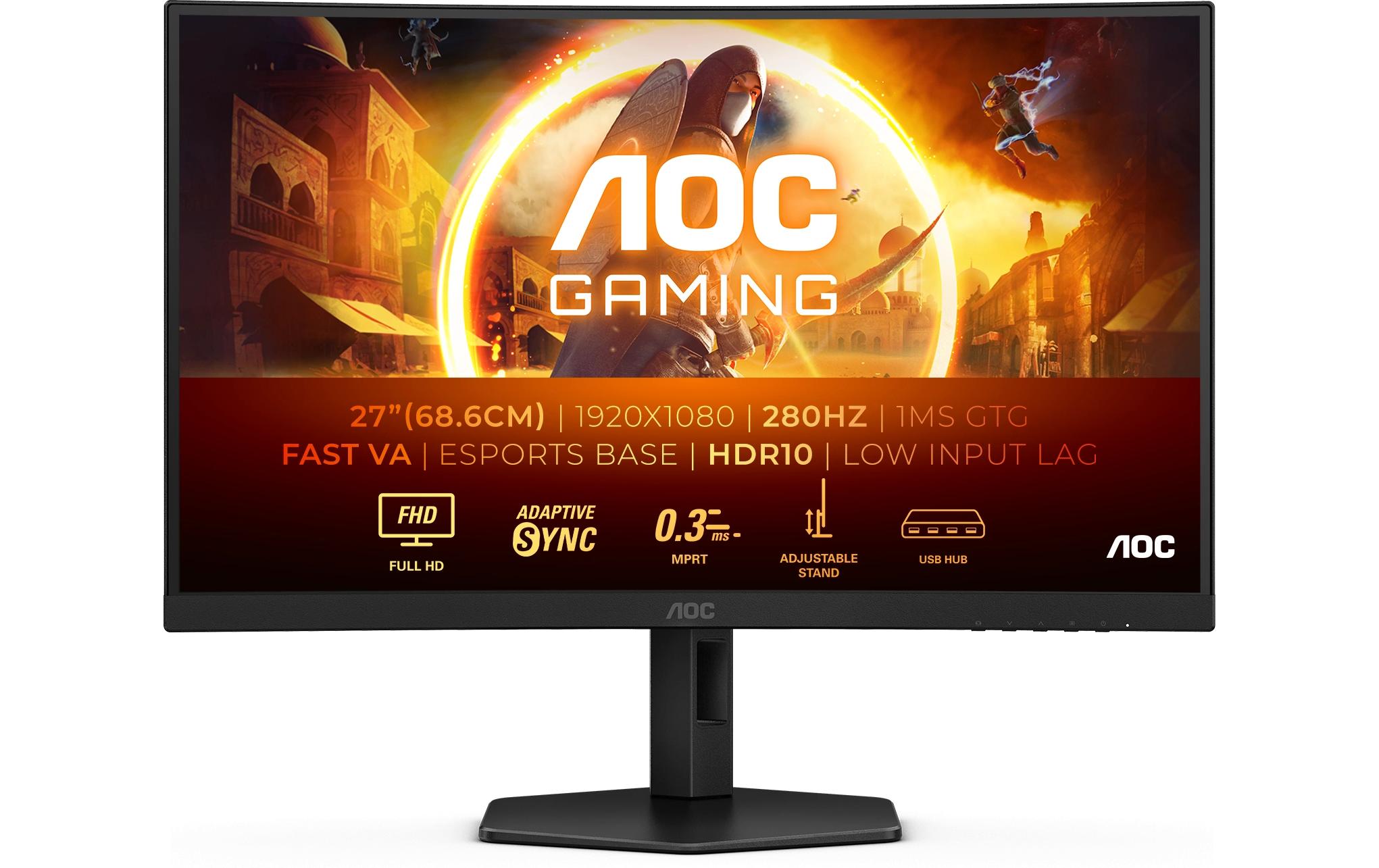 AOC Gaming C27G4ZXU - LED-Monitor - Gaming - gebogen - 68.5 cm (27") - 1920 x 1080 Full HD (1080p) @ 280 Hz - Fast VA - 300 cd/m² - 4000:1 - HDR10 - 0.3 ms - Lautsprecher - Schwarz
