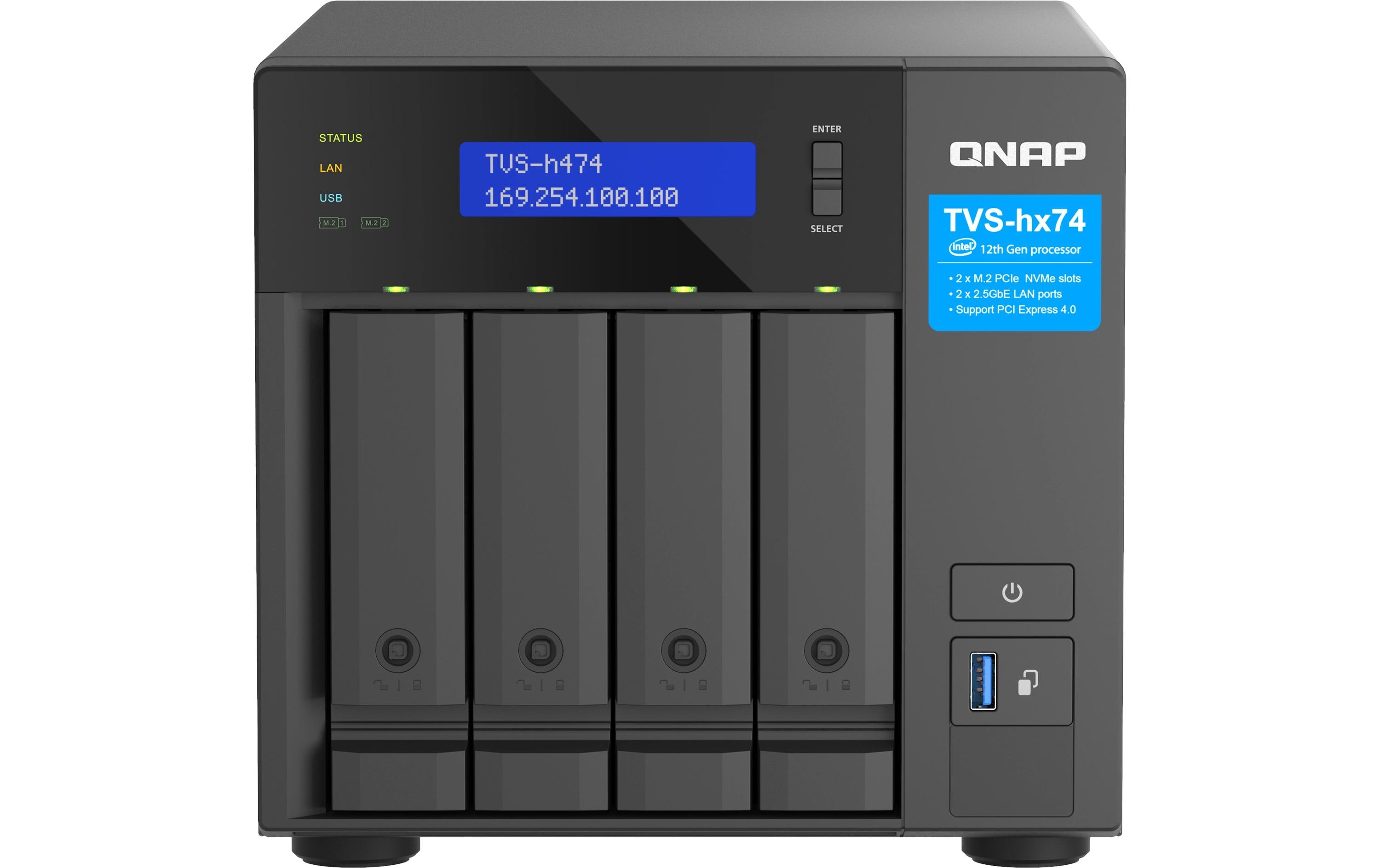 QNAP TVS-H474 - NAS-Server - 4 Schächte - SATA 6Gb/s - RAID JBOD, RAID 0, 1, 5, 6, 10, TM, RAID TP - RAM 8 GB - Gigabit Ethernet / 2.5 Gigabit Ethernet - iSCSI Support