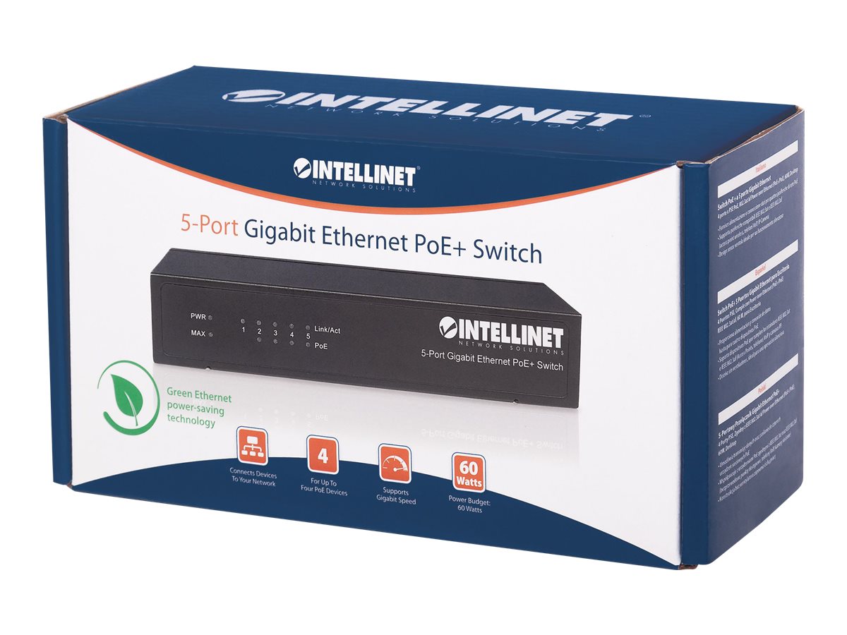 Intellinet 5-Port Gigabit Ethernet PoE+ Switch
4 x PSE Ports
IEEE 802.3at/af Power over Ethernet (PoE+/PoE) Compliant
60 W
Desktop - Switch - 5 AnschlÃ¼sse