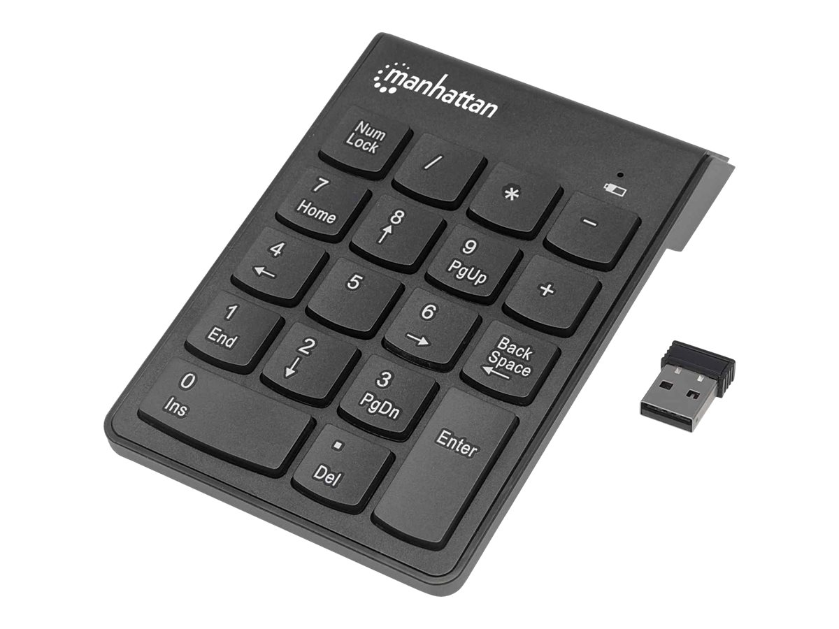 Manhattan Numeric Keypad
Wireless (2.4GHz)
USB-A Micro Receiver
18 Full Size Keys
Black
Membrane Key Switches
Auto Power Management
Range 10m
AAA Battery (included)
Windows and Mac
Three Year Warranty
Blister - Tastenfeld - Schwarz Eingabegerät