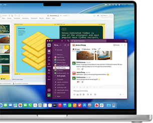 PowerPoint Präsentation in einem Fenster und Slack in einem anderen Fenster auf dem 16 Zoll MacBook Pro mit M4 Display