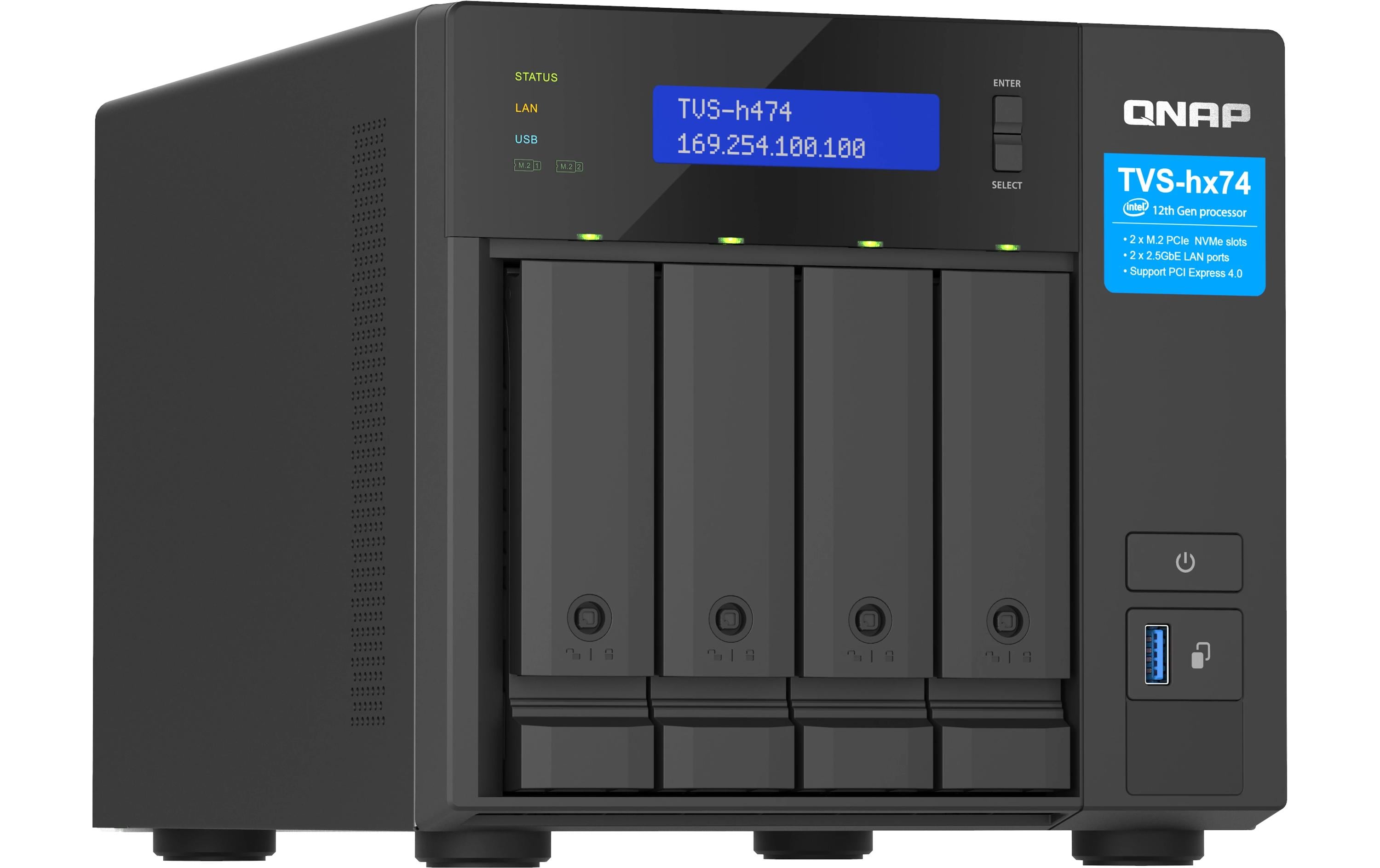 QNAP TVS-H474 - NAS-Server - 4 Schächte - SATA 6Gb/s - RAID JBOD, RAID 0, 1, 5, 6, 10, TM, RAID TP - RAM 8 GB - Gigabit Ethernet / 2.5 Gigabit Ethernet - iSCSI Support