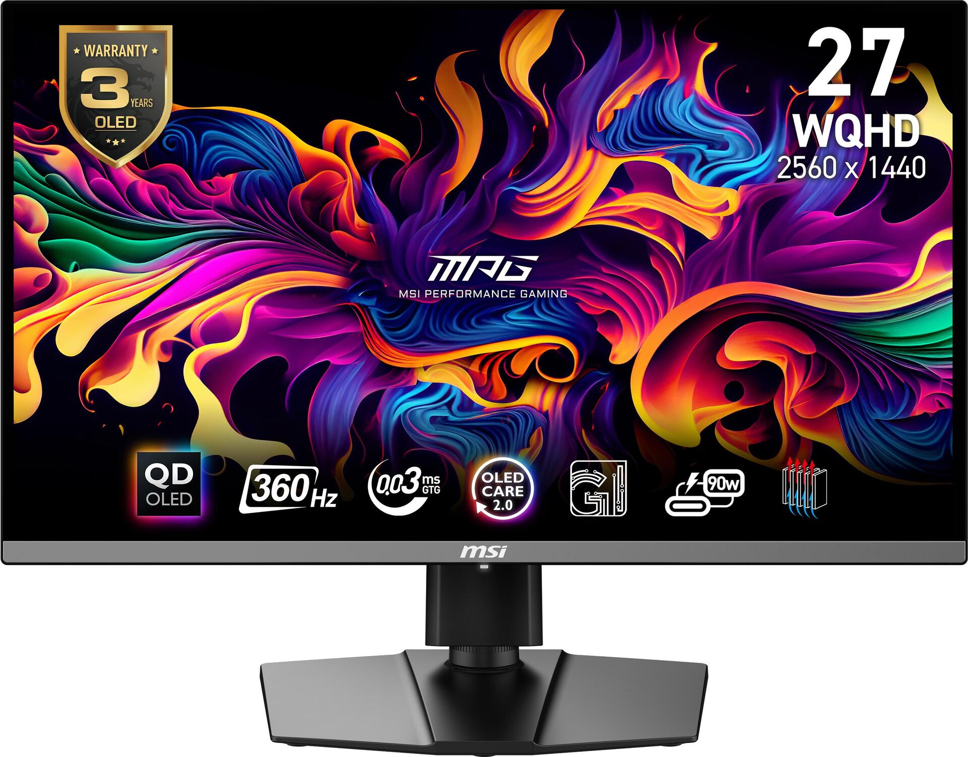 MSI MPG 271QRXDE QD-OLED - OLED-Monitor - Gaming - 67.3 cm (26.5") - 2560 x 1440 WQHD @ 360 Hz - 1000 cd/m² - 1500000:1 - DisplayHDR 400 True Black - 0.03 ms - 2xHDMI, DisplayPort, USB-C - Schwarz