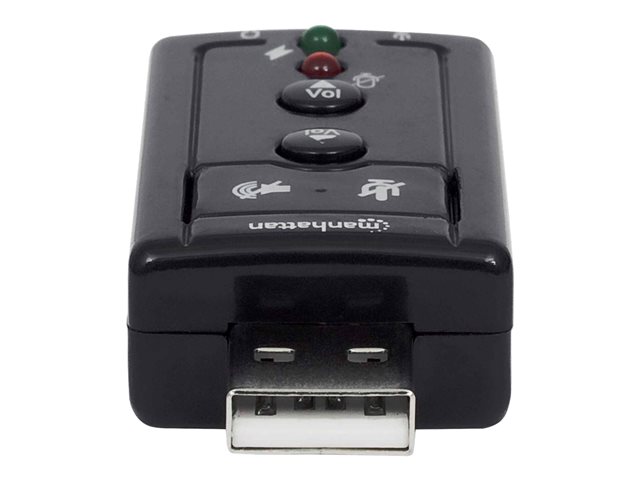 Manhattan USB-A Sound Adapter
USB-A to 3.5mm Mic-in and Audio-Out ports
480 Mbps (USB 2.0)
7.1-Channel Virtual 3D Surround Sound
Internal Amplifier and Volume Controls
Hi-Speed USB
Three Year Warranty
Box - Soundkarte