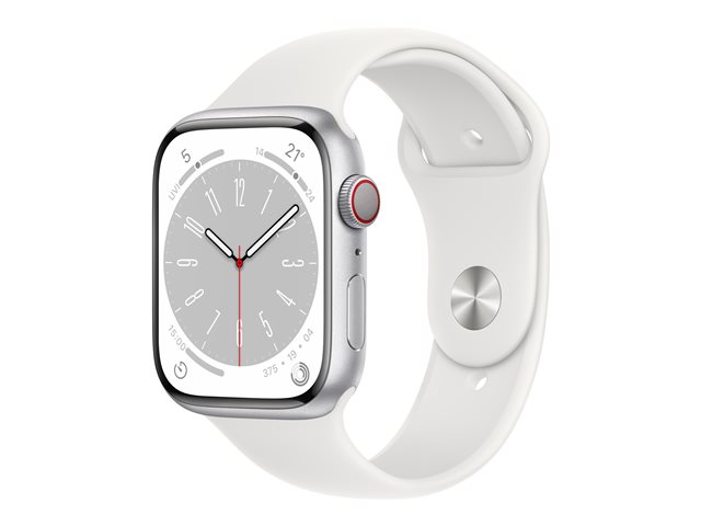 APPLE Watch Series 8 GPS + Cellular 45mm Silver Aluminium Case with White Sport Band - Regular (MP4J3FD/A)