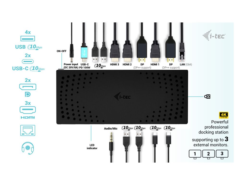 i-Tec - Dockingstation - USB-C / USB4 / USB 3.0 Thunderbolt 3 / Thunderbolt 4 - 2 x DP
3 x HDMI - 1GbE