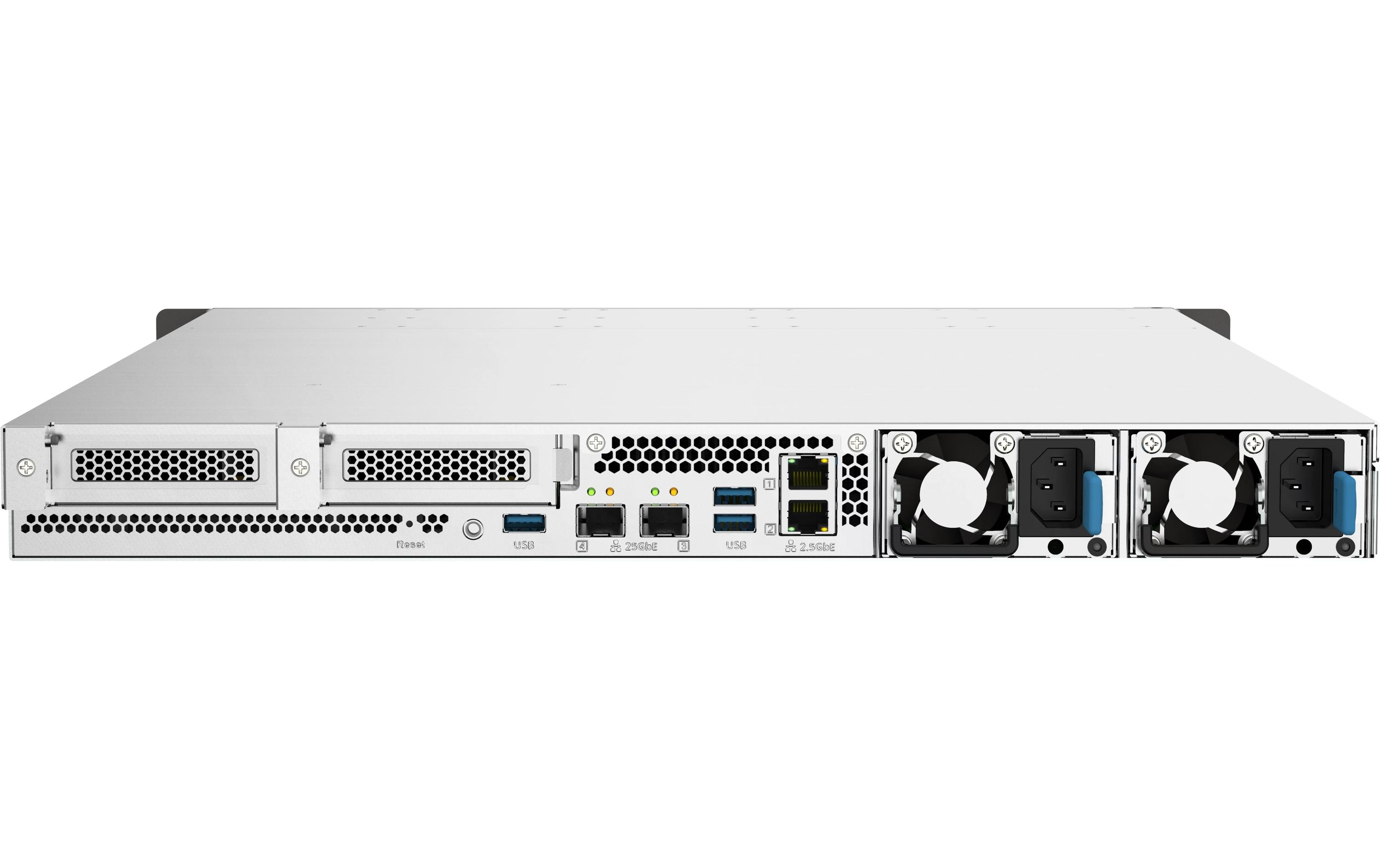 QNAP TS-h1090FU - NAS-Server - 10 Schächte - Rack - einbaufähig - SATA 6Gb/s / PCIe (NVMe) / U.2 - RAID 0, 1, 5, 6, 10, 50, JBOD, 60 - RAM 64GB - 25 Gigabit Ethernet / 2,5 Gigabit Ethernet - iSCSI Support - 1U (TS-H1090FU-7232P-64G)