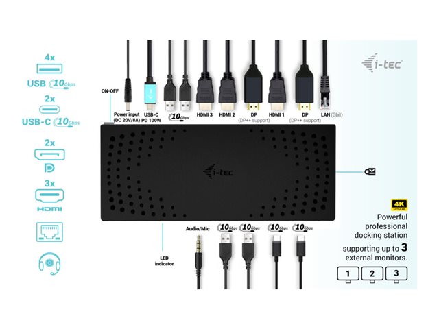 i-Tec - Dockingstation - USB-C / USB4 / USB 3.0 Thunderbolt 3 / Thunderbolt 4 - 2 x DP
3 x HDMI - 1GbE