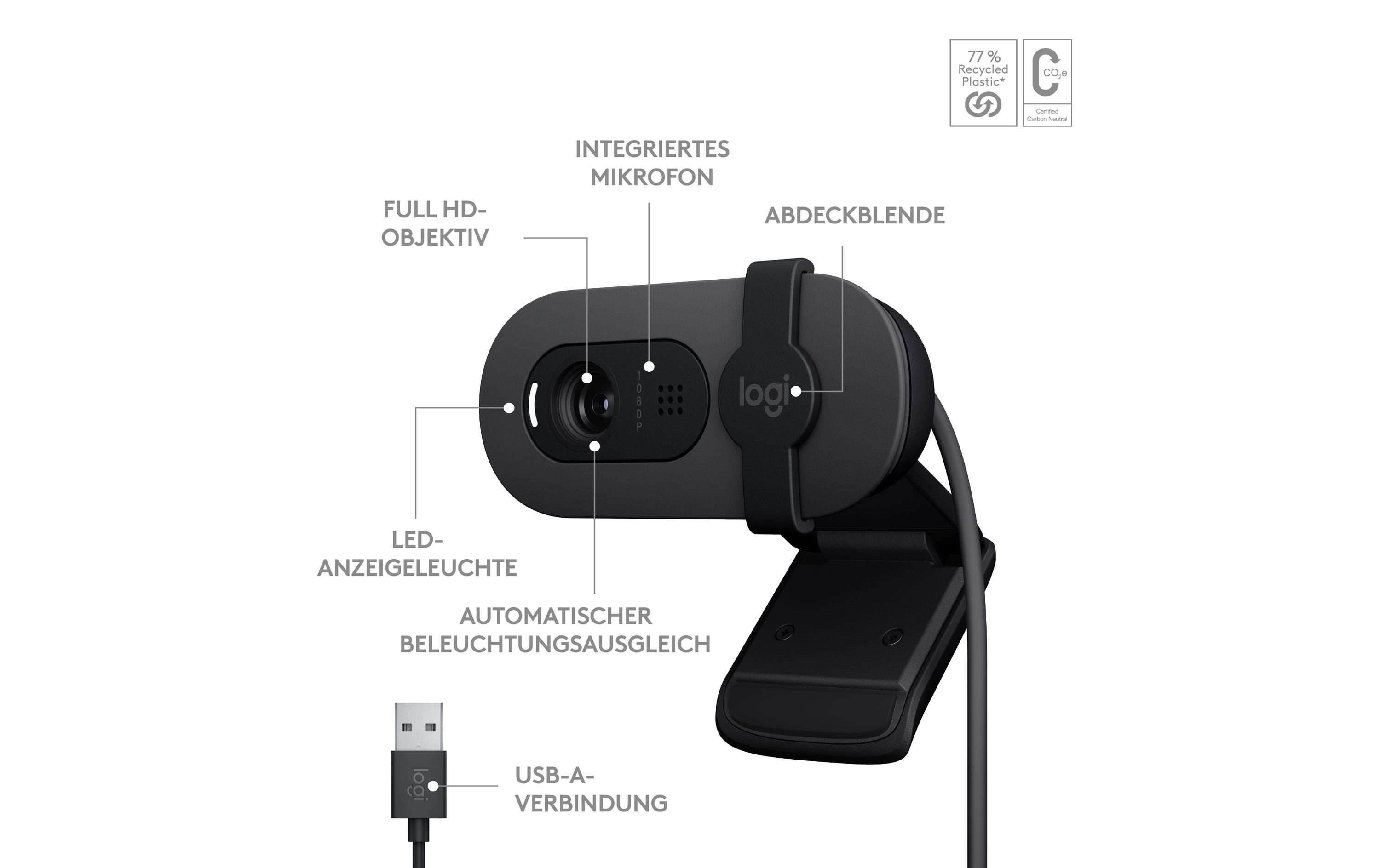 Logitech BRIO 100 - Webcam - Schwarz - 2 MP - 1920 x 1080 - 1080p, 720p - Audio - USB
