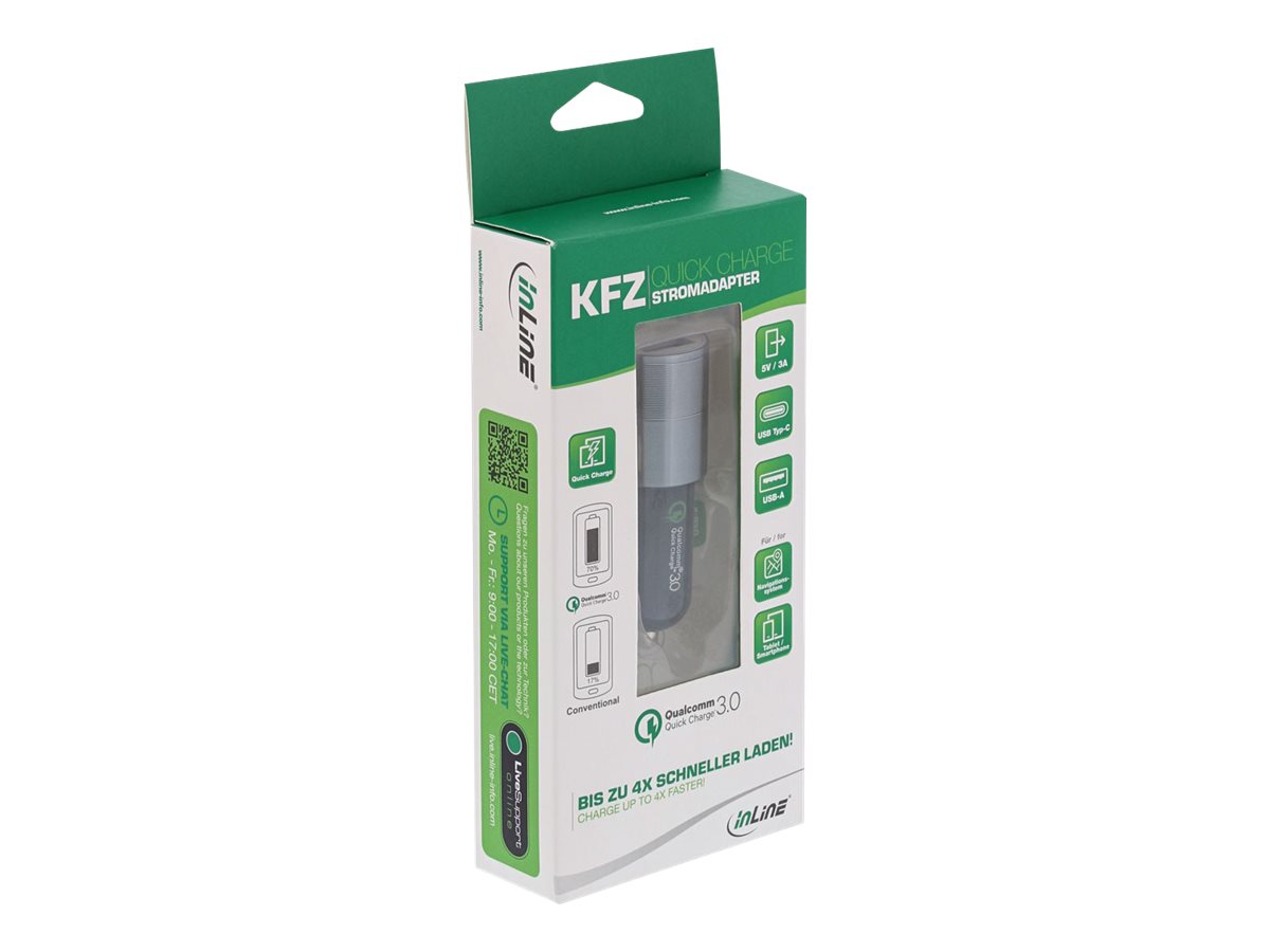 InLine USB KFZ Stromadapter Quick Charge 3.0, 12/24VDC zu 5V DC/3A, USB-A+USB-C